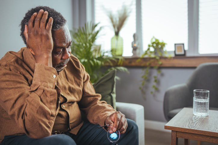 Man with migrane or headache searching for treatment for his pain